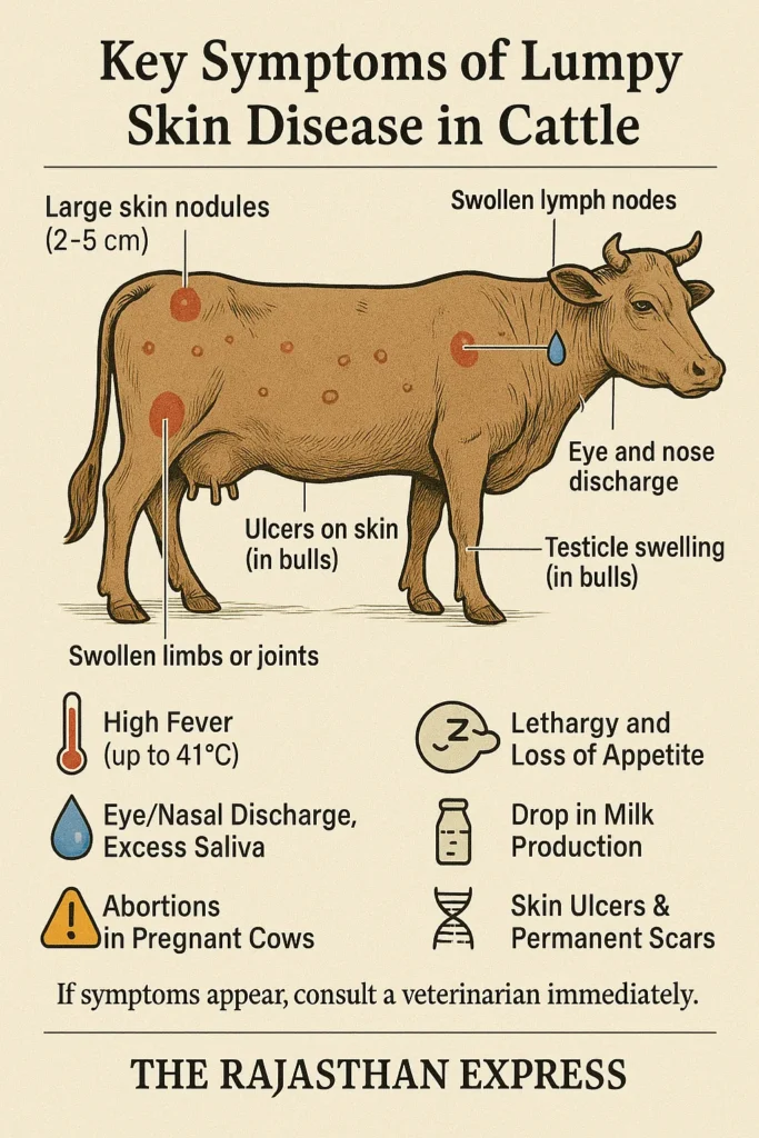 Cow with multiple raised skin nodules (2–5 cm) typical of lumpy skin disease. Close‑up of ulcerated skin lesion on bovine flank, showing necrotic core and swelling.Veterinarian administering capripoxvirus vaccine injection to a cow’s neck.
Healing lumpy skin disease nodules on a cow, with scabs and light scarring.
"Cow with lumpy skin disease showing circular skin nodules on neck and udder" "Flies feeding on cattle with lumpy skin disease lesions illustrating insect vector role"