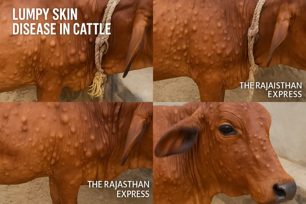 Cow with multiple raised skin nodules (2–5 cm) typical of lumpy skin disease. Close‑up of ulcerated skin lesion on bovine flank, showing necrotic core and swelling.Veterinarian administering capripoxvirus vaccine injection to a cow’s neck.
Healing lumpy skin disease nodules on a cow, with scabs and light scarring.
"Cow with lumpy skin disease showing circular skin nodules on neck and udder" "Flies feeding on cattle with lumpy skin disease lesions illustrating insect vector role"