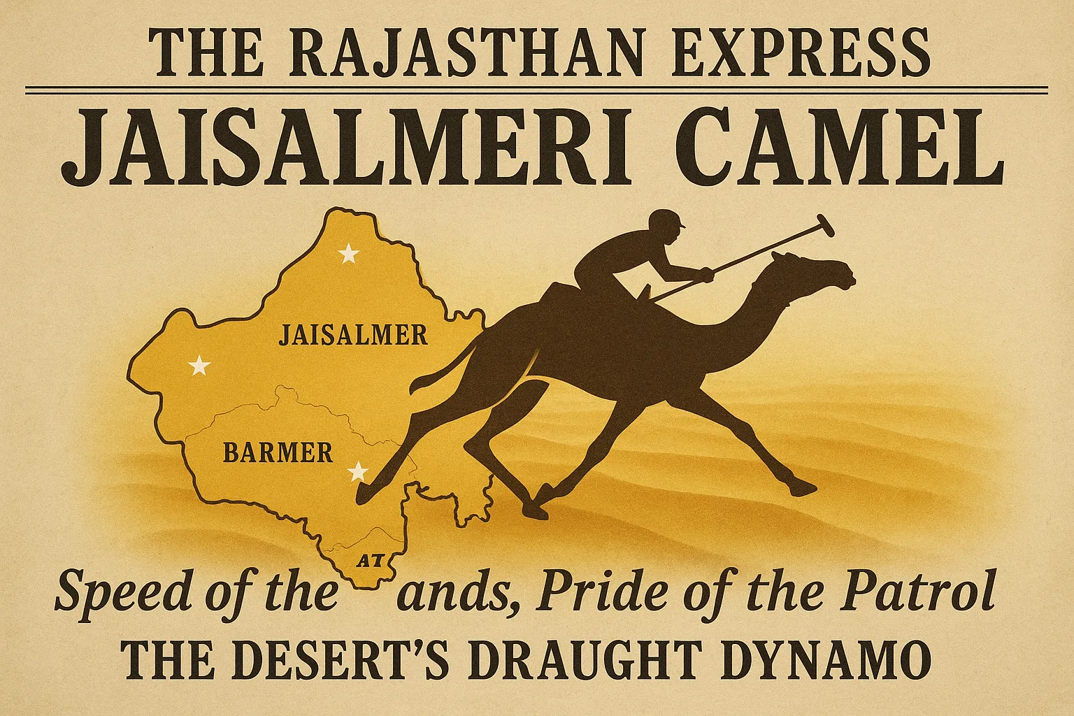 Jaisalmeri camel Rajasthan racing camels Camel safaris in Jaisalmer BSF camels for border security Fastest Indian camel breed Desert-adapted camels Camel milk nutrition Tharparkar camel lineage