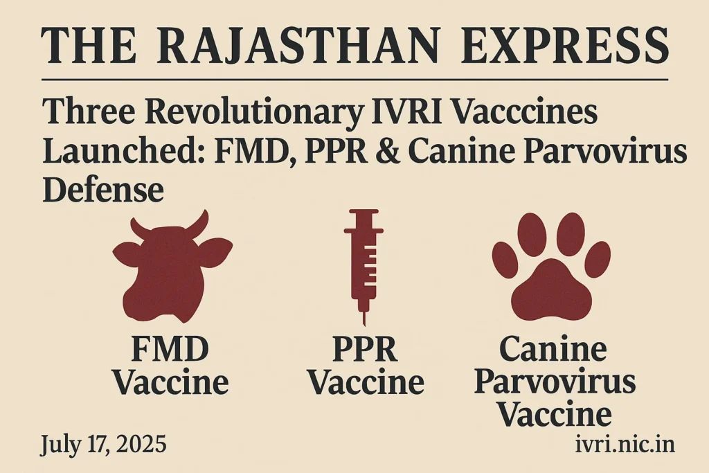 FMD vaccine, PPR vaccine, Canine Parvovirus vaccine, livestock vaccination, animal disease control, IVRI vaccines, ICAR, farmer income, zoonotic diseases, Atmanirbhar Bharat. Union Minister Shri Shivraj Singh Chouhan launching IVRI vaccines at ICAR 97th Foundation Day in New Delhi . IVRI-developed FMD DIVA vaccine, PPR marker vaccine, and live attenuated canine parvovirus vaccine vials.Economic impact of Foot-and-Mouth Disease (FMD) in India: ₹20,000+ crore annual losses in dairy and livestock.Dr. Suresh Basagoudanavar and IVRI researchers with novel animal disease vaccines