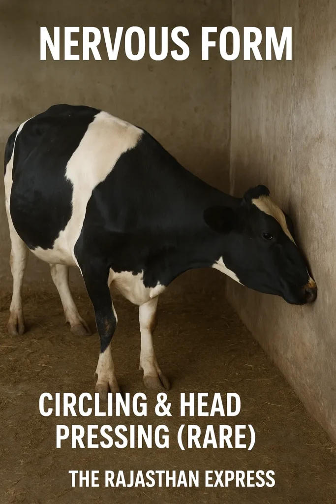 (Cow circling/pressing head): Dairy cow exhibiting nervous ketosis symptoms by circling aimlessly and pressing its head against a barn wall.