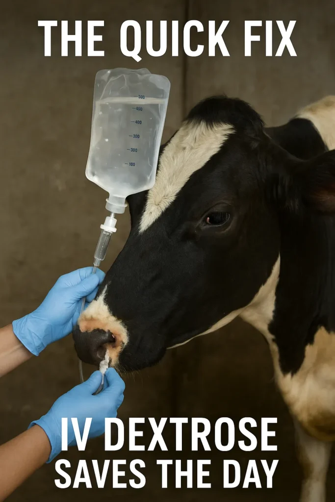 (Vet administering IV): Veterinarian providing emergency treatment for ketosis with an intravenous dextrose drip into a cow's jugular vein.