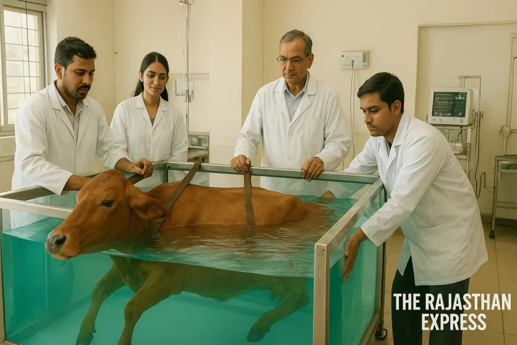 Downer cow in Aqua Lift Therapy tank: Large Holstein floating in water to unweight limbs and repair nerve damage. Veterinary treatment for recumbent cattle post-calving.