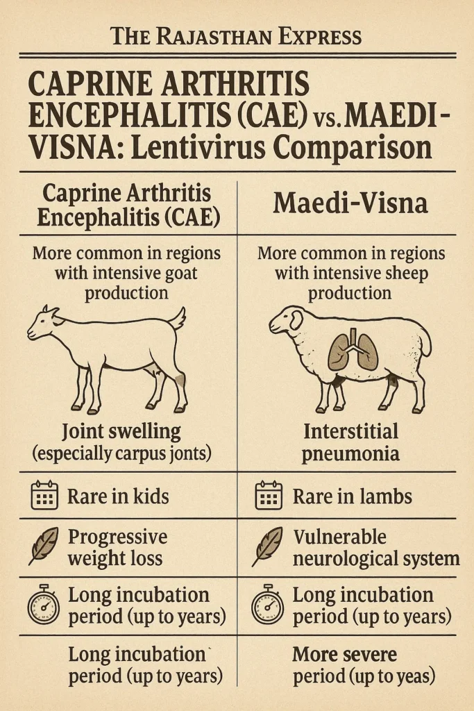 Visual comparison: Right  side shows goat with CAE symptoms (swollen joints, limping, encephalitis in kid).Left side shows sheep with Maedi-Visna (lung hardening, labored breathing). Both display udder swelling. Notes early asymptomatic stage. Goat kid with CAE encephalitis: head tilt and leg paralysis vs. sheep with Maedi-Visna: barrel-shaped chest from lung scarring