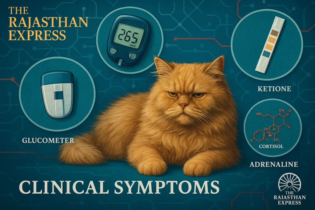 "Diagnostic chart for diabetic ketoacidosis in cats showing hyperglycemia, ketones, low blood pH, glucometer use, and clinical testing protocols."