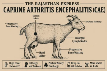 Diagram: Caprine Arthritis-Encephalitis (CAE) viral disease in goats. Transmission through milk/mucus, chronic symptoms, and relationship to sheep Maedi-Visna (OPP). Prevention strategies shown. Clinical symptoms of CAE in goats: swollen carpal joints, neurological signs, lameness progression