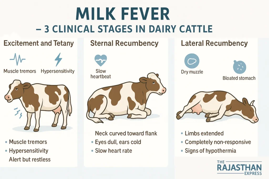 Unconscious cow lying on side with fully extended, flaccid limbs. Critical symptoms: hypothermia (very low body temperature), absent heartbeat, no voluntary movement. Emergency veterinary situation.