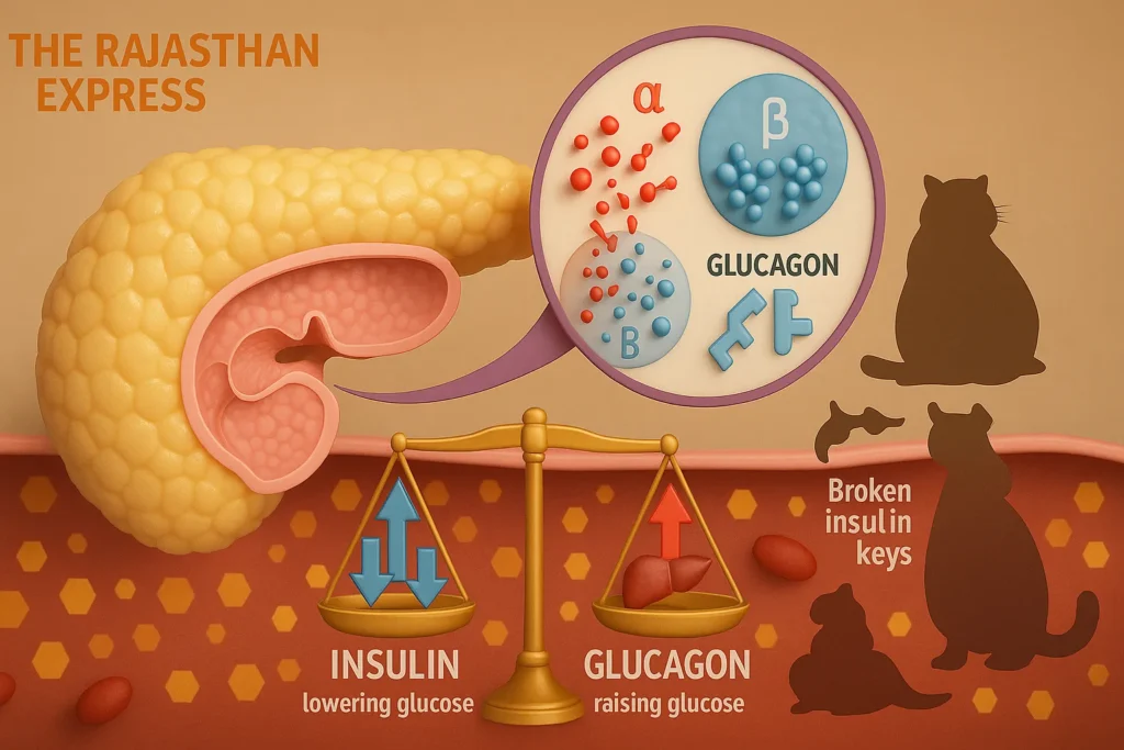 "Cross-section of a pancreas showing Islets of Langerhans, highlighting alpha and beta cells involved in insulin and glucagon secretion related to DKA."