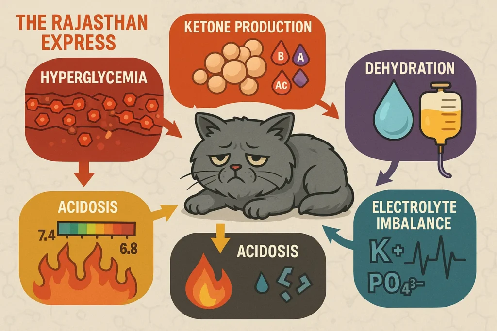 "Illustration showing cat diabetic ketoacidosis causes: high blood glucose, ketone buildup, metabolic acidosis, dehydration, and electrolyte imbalance."