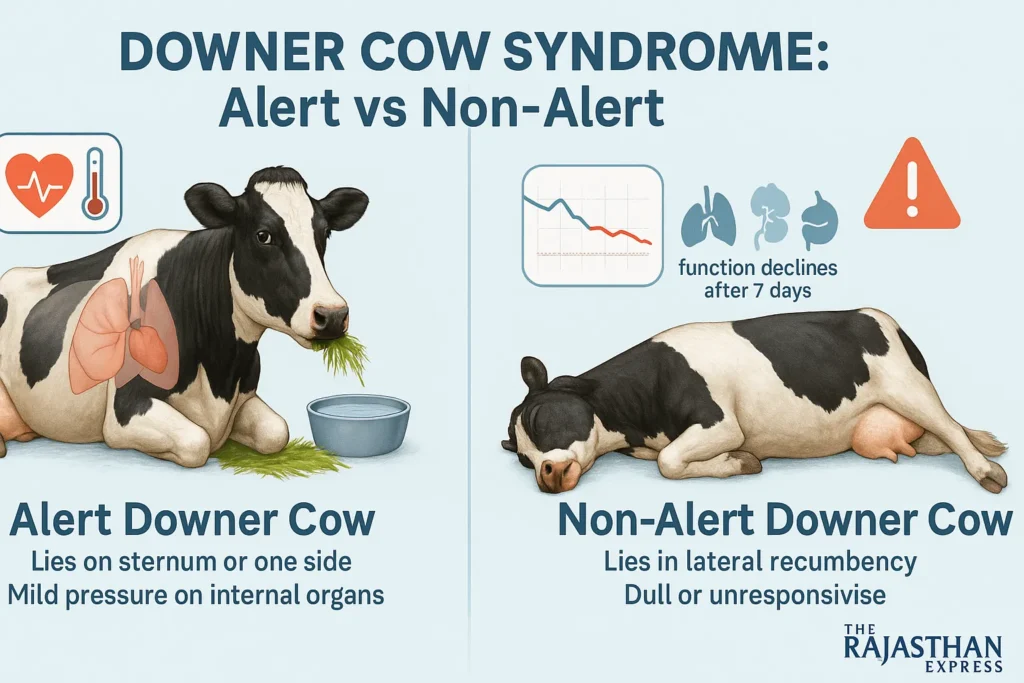 Clinical signs of Downer Cow Syndrome: Alert cow (left) eating normally in sternal position vs Non-Alert cow (right) in lateral recumbency, comatose with organ failure risk after 7 days. Includes Creeper Cow crawling attempt. downer cow syndrome, dcs in cattle, clinical signs