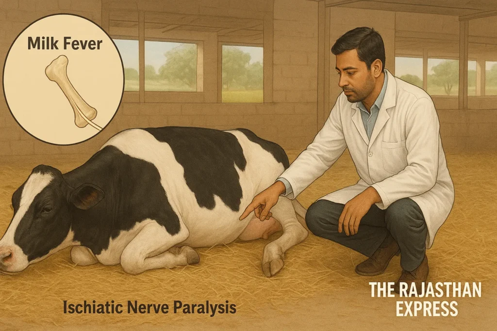 Downer Cow Syndrome clinical presentation: Holstein cow lying in shed with hindlimb paralysis. Shows Ischiatic Nerve damage, alert behavior, and crawling posture ("Creeper Cow") from prolonged Milk Fever complications. downer cow syndrome, dcs in cattle, dcs disease in cattle, Holstein Friesian"dcs in buffalo"