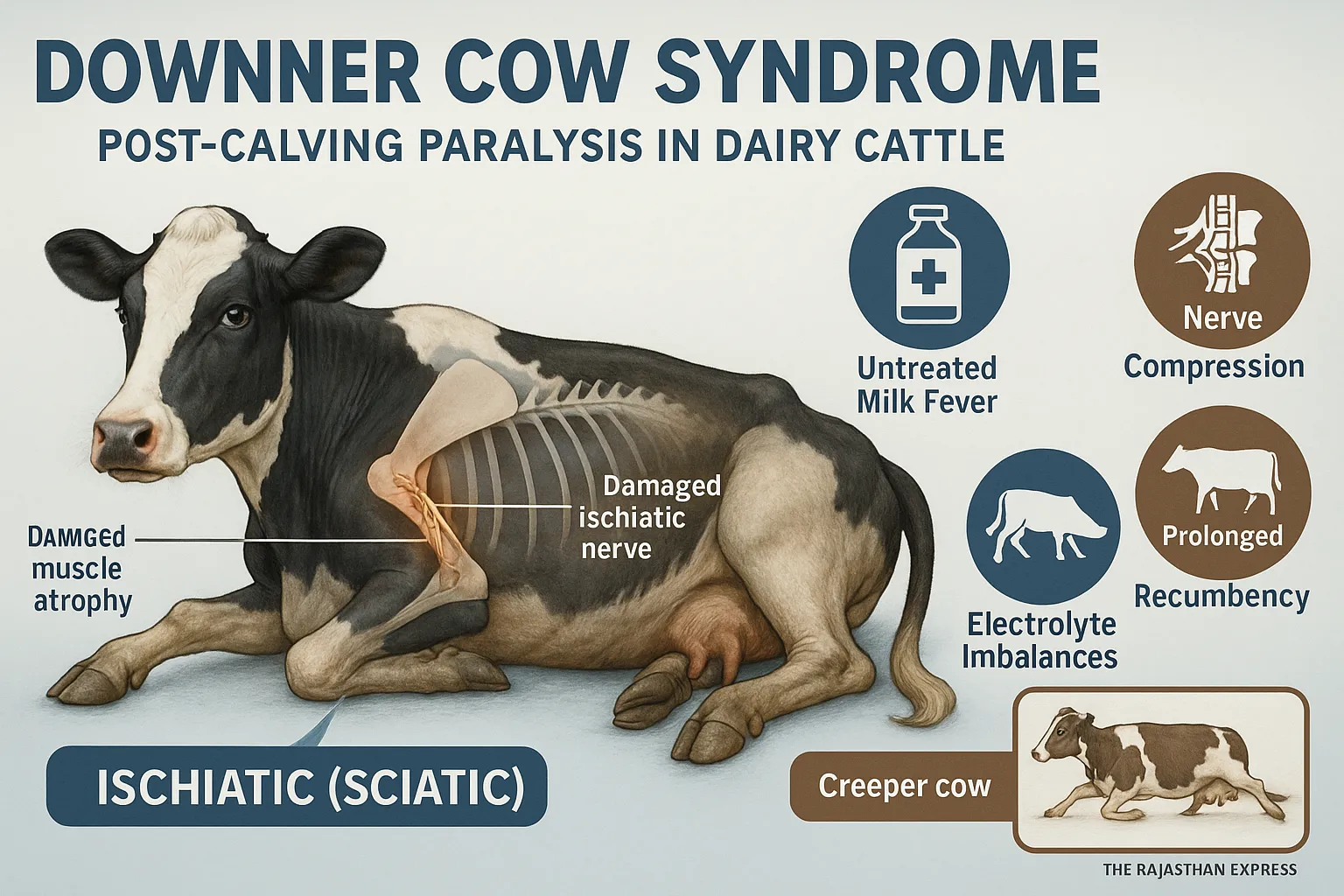 Holstein Friesian cow with Downer Cow Syndrome: Hindlimb paralysis post-calving. Illustrates nerve damage from recumbency and electrolyte deficiencies (beyond Milk Fever).