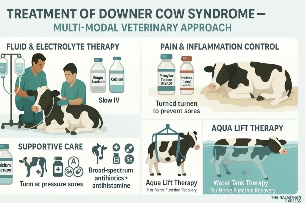 DCS treatment: Cow receiving IV electrolytes while sling-supported. Includes Aqua Lift Therapy tank and deep bedding. Shows multi-modal approach (pain relief, hydration, mobility aid) for downer cows.
