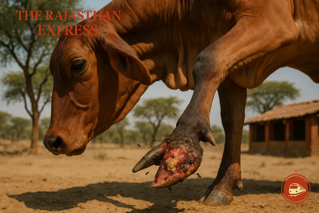 Extreme close-up of foot rot infection: necrosis, ulcers, and swelling between cattle hooves. Result of Fusobacterium bacteria entering cracked skin in wet, dirty environments.