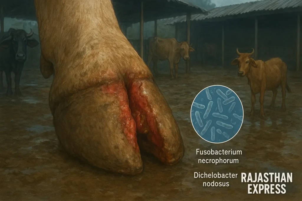 Foot rot symptoms across livestock: infected cow, buffalo, sheep, and goat hooves displaying ulcers, necrosis, and swelling between toes. Caused by bacteria thriving in muddy, unhygienic conditions.