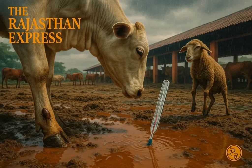 Monsoon cattle shed in Rajasthan: Muddy, wet conditions causing foot rot transmission via skin cracks. Shows infection risks from manure and poor drainage.