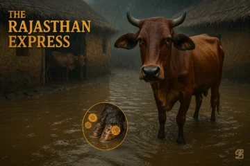 Rathi cow standing in muddy, feces-contaminated water with close-up view of foot rot infection: ulcers and swelling between hooves from Fusobacterium bacteria. Example of poor barn hygiene causing lameness.