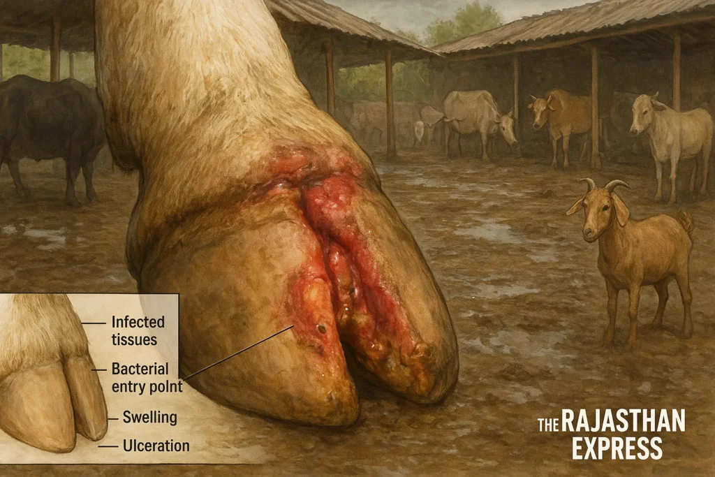 Foot rot disease in Rajasthan livestock: Infected cattle, buffalo, sheep, goat hooves showing lameness, ulcers, and hoof separation (Khura Pakna). Differentiated from FMD.