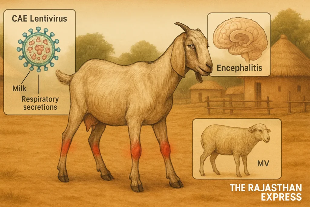 Adult goat showing Caprine Arthritis-Encephalitis (CAE) symptoms: visibly swollen front leg joints (carpal polyarthritis), hunched posture indicating pain, and difficulty bearing weight. Example of chronic Lentivirus infection in goats. `Young goat with CAE encephalitis: head tilt, incoordination, and udder hardening (indurative mastitis)`
