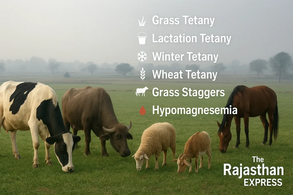 Educational infographic on Grass Tetany in cattle, buffalo, sheep, and goats, showing synonyms like Winter Tetany and Grass Staggers, set on a Rajasthan farm.