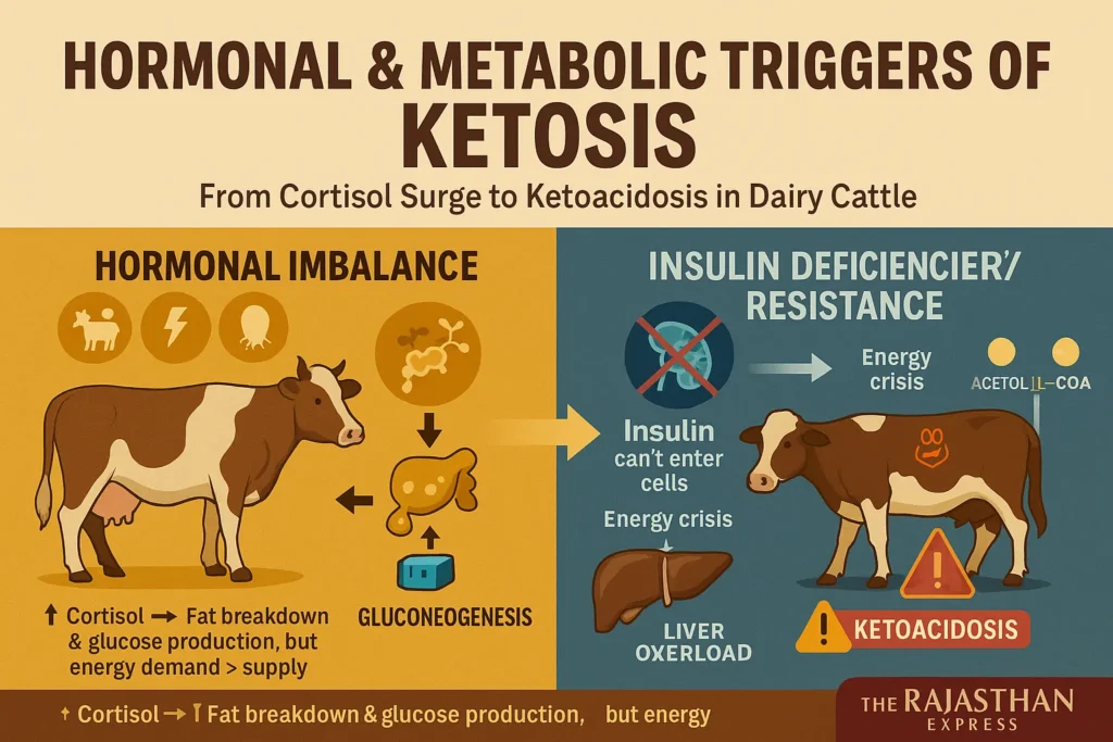 Hormonal mechanisms of ketosis in cattle: Cortisol from stress/pregnancy mobilizes fat but fails gluconeogenesis. Insulin deficiency causes hyperglycemia, fat breakdown, Acetyl-CoA overload, ketone production (BHB, acetoacetate, acetone), and metabolic acidosis.