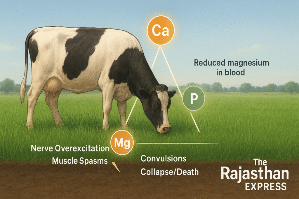Veterinary diagram of Hypomagnesemic Tetany pathogenesis in a cow, showing mineral imbalance between calcium and magnesium leading to nerve overexcitation and convulsions.
