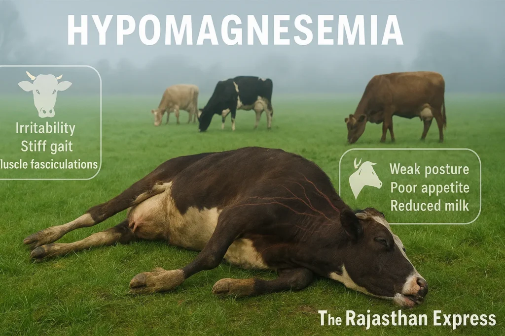 Dairy cow experiencing severe Grass Tetany symptoms: convulsions on the ground, stiff extended legs, frothy saliva, and twitching eyelids. Other healthy cows graze in background on a Rajasthan farm.