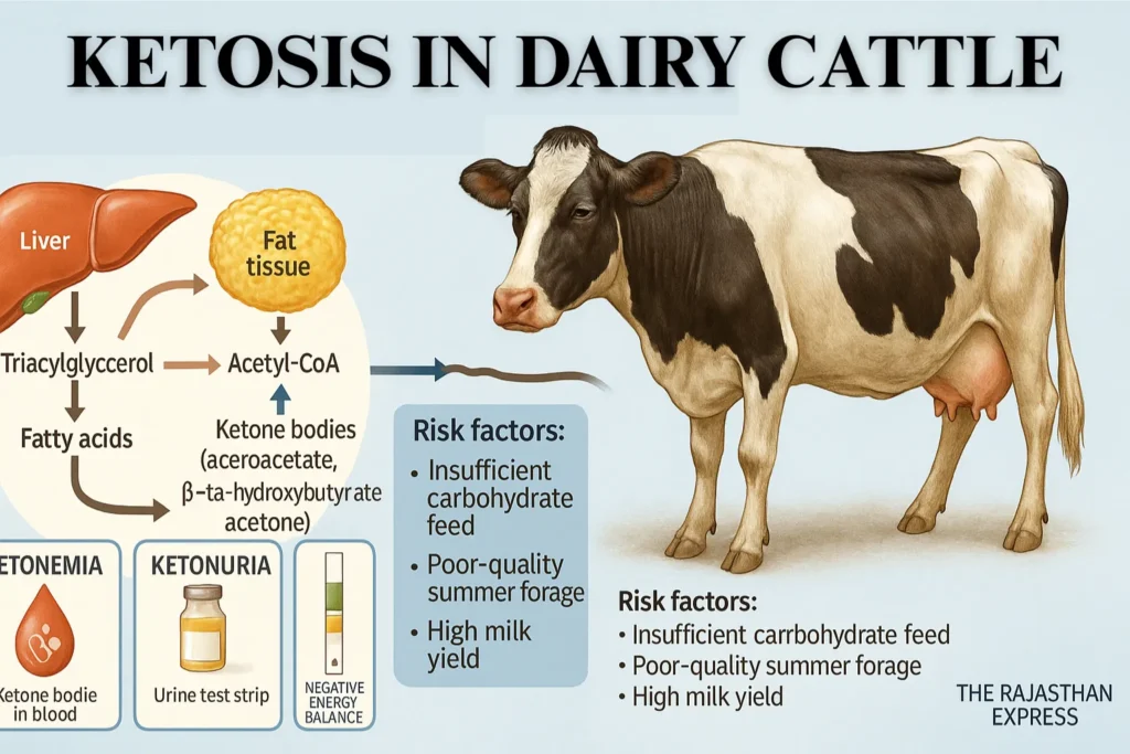 Metabolic pathway diagram: Definition and causes of ketosis in cattle. Shows low glucose from lack of carbs leading to glycogenolysis and lipolysis, producing ketone bodies (acetoacetate, BHB, acetone) via Acetyl-CoA.