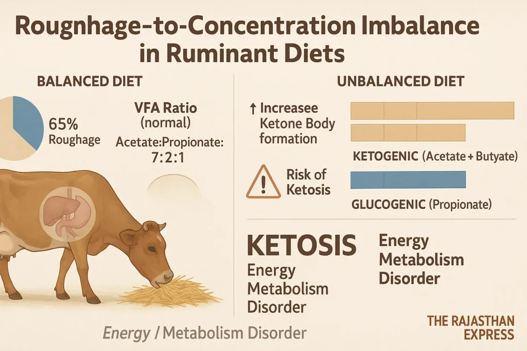 Diagram explaining ketosis in cattle causes: Imbalanced roughage-concentrate ratio (excess roughage) disrupts VFAs, reducing glucose-producing Propionate while increasing ketone-producing Acetate and Butyrate, leading to ketosis symptoms. ketosis in cattle,ketosis in cattle treatment,ketosis in cattle symptoms and treatment,symptoms of ketosis in cattle,ketosis in cattle temperature,ketosis disease in cattle,ketosis in cows,ketosis in buffalo symptoms and treatment.