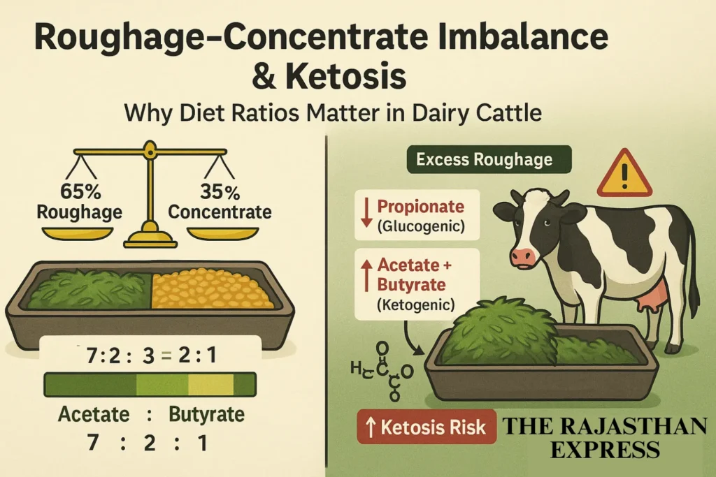 Diagram explaining ketosis in cattle causes: Imbalanced roughage-concentrate ratio (excess roughage) disrupts VFAs, reducing glucose-producing Propionate while increasing ketone-producing Acetate and Butyrate, leading to ketosis symptoms. ketosis in cattle,ketosis in cattle treatment,ketosis in cattle symptoms and treatment,symptoms of ketosis in cattle,ketosis in cattle temperature,ketosis disease in cattle,ketosis in cows,ketosis in buffalo symptoms and treatment.