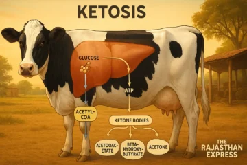 Metabolic pathway diagram: Ketosis etiology in dairy cattle. Low glucose from carb deficiency activates fat breakdown, producing ketone bodies (BHB, acetoacetate) via Acetyl-CoA. Shows links to postpartum symptoms like reduced milk yield and acetone odor