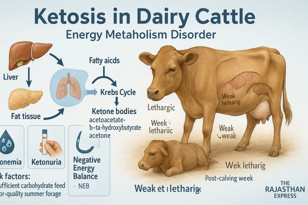Illustration showing metabolic causes of ketosis in dairy cattle, symptoms like weight loss and fever, and treatment methods for cows and buffalo ketosis in cattle,ketosis in cattle treatment,ketosis in cattle symptoms and treatment,symptoms of ketosis in cattle,ketosis in cattle temperature,ketosis disease in cattle,ketosis in cows,ketosis in buffalo symptoms and treatment.