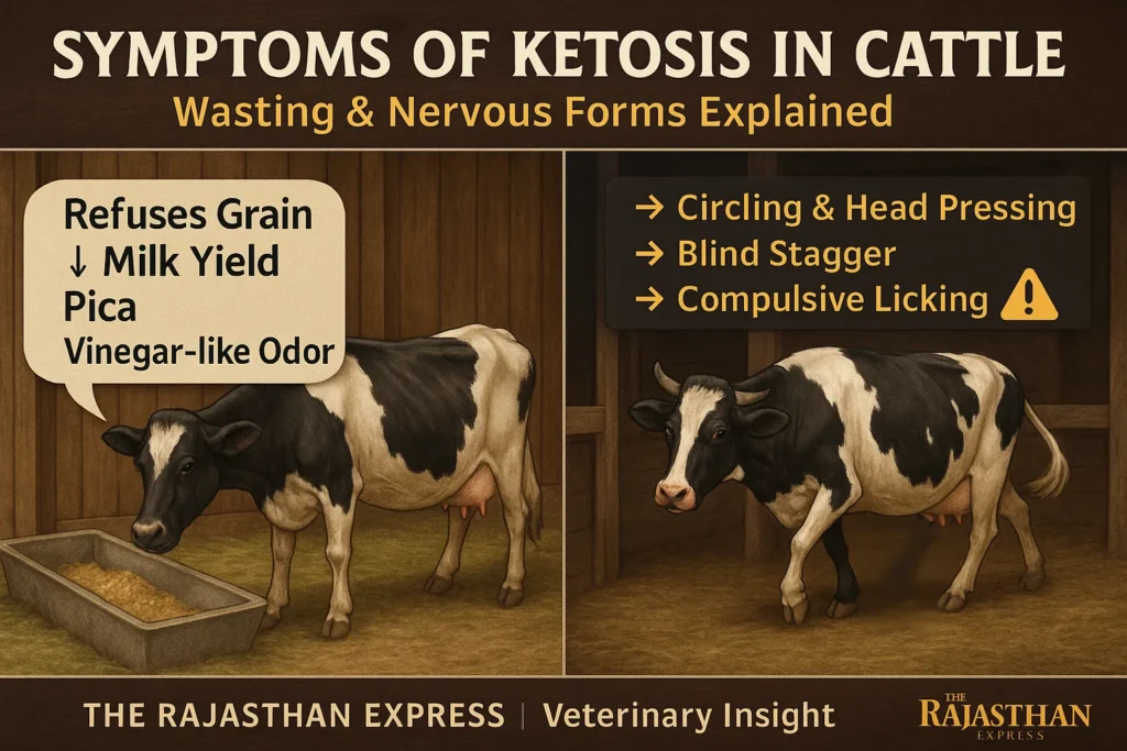 Clinical symptoms of ketosis in dairy cattle: Left side shows Wasting Form (emaciation, reduced eating, acetone breath). Right side shows Nervous Form (circling, head pressing, stumbling). Includes milk drop and pica.