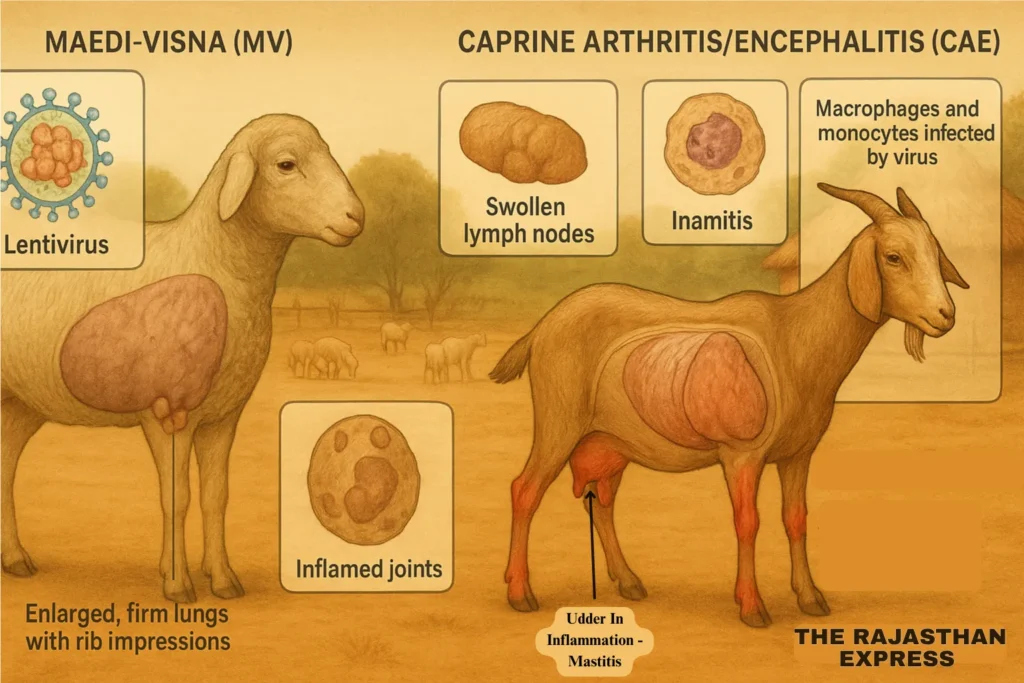 Pathology comparison: Right - MV-infected sheep lung (fixed volume, rib impressions, swollen lymph nodes). Left - CAE-affected goat (joint synovitis, encephalitis lesions). Both show hardened udders. Insets: Virus hiding in monocytes/macrophages.