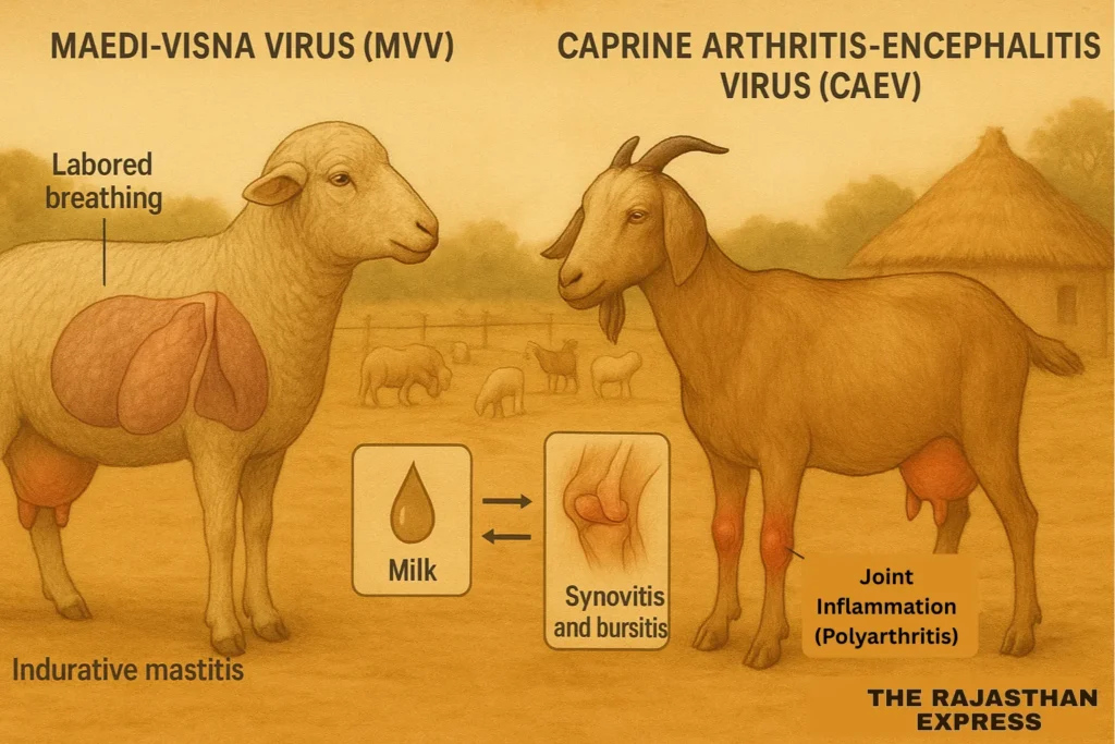 Clinical signs comparison: Left - Sheep with Maedi-Visna (labored breathing, lung scarring). Right - Goat with CAE (swollen knees, limping gait) plus kid with neurological symptoms. Both show udder hardening. Histopathology comparison: MVV lung tissue (lymphocyte infiltration) vs. CAEV joint capsule (synovial hyperplasia) vs. shared mastitis (udder fibrosis)