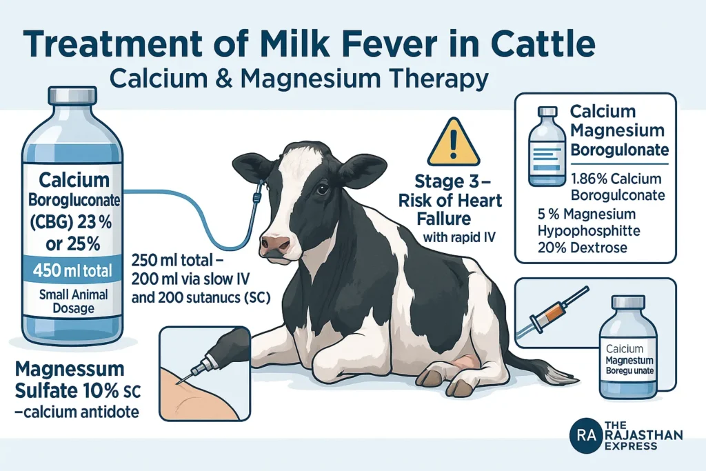 Holstein cow receiving intravenous Calcium Borogluconate for milk fever. Vet monitors heart rate while assistant administers subcutaneous magnesium sulfate. Safety protocols displayed.