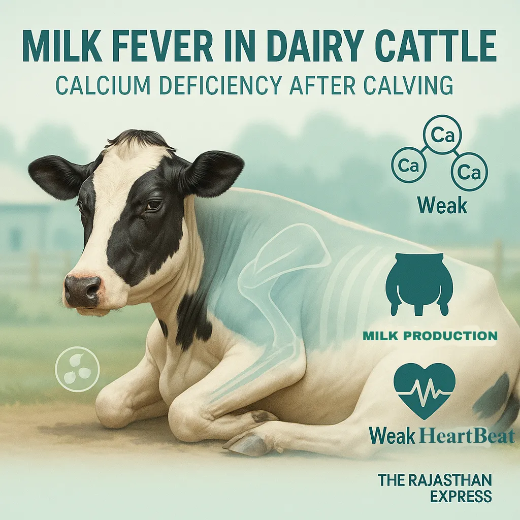"Infographic showing milk fever stages in cattle with symptoms, calcium treatment, prevention steps, and cow recumbency postures."
