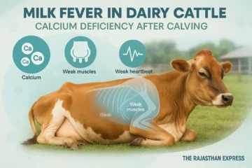 Jersey cow with Milk Fever: Characteristic S-bend posture (neck curved toward flank), lying down, flaccid paralysis. Onset within 72hrs post-calving. Critical hypocalcemia emergency.