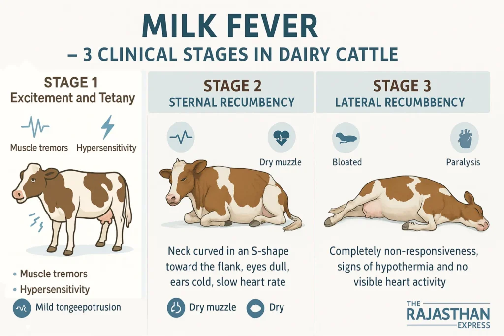 "Diagram showing the 3 clinical stages of milk fever in cows: muscle tremors, sternal recumbency with kinked neck, and full lateral collapse with unconsciousness."