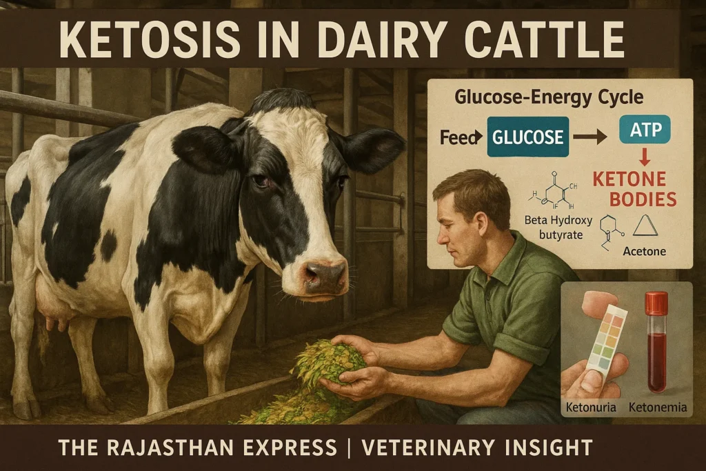 Infographic: Negative Energy Balance (NEB) as cause of ketosis in cattle. Summer fodder issues and heat stress reduce propionate, increasing ketone bodies (BHB) in blood/milk. Leads to symptoms like low milk yield and displaced abomasum