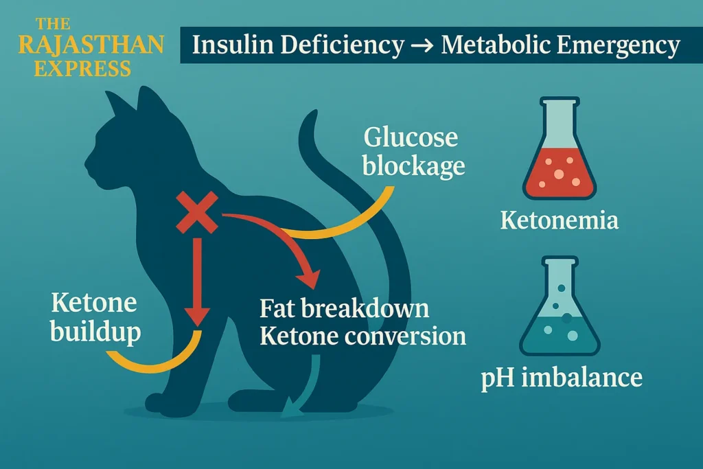 "Pathophysiology map of diabetic ketoacidosis (DKA) in cats showing glucose metabolism, ATP production pathways, lipolysis, ketone formation, and ketosis effects."

