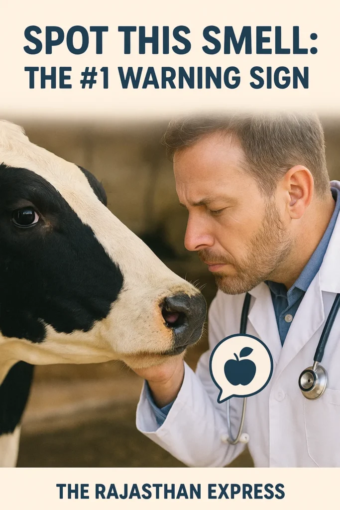 (Smelling cow's breath): Farmer closely smelling a dairy cow's breath to detect the sweet, acetone odor that is a key warning sign for ketosis.
