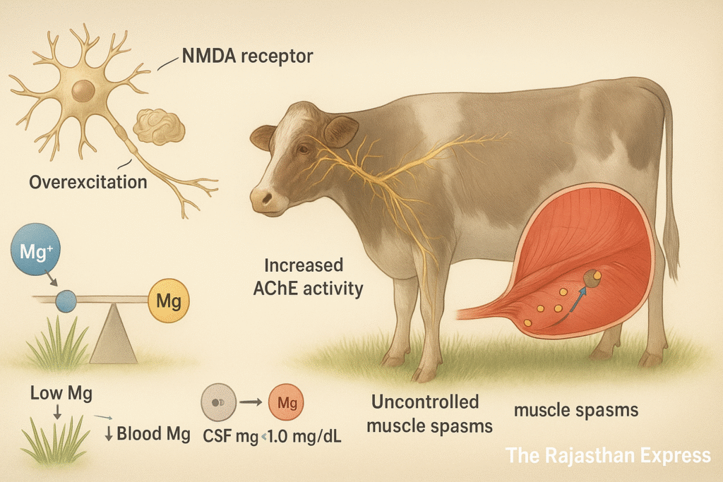 Medical diagram of hypomagnesemia in a cow, showing nerve overexcitation from unblocked NMDA receptors and increased acetylcholinesterase leading to muscle convulsions.