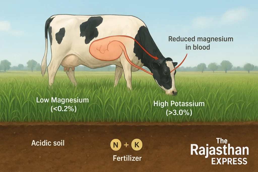 Diagram of the soil-plant-animal cycle causing Grass Tetany: shows how high potassium fertilizer in acidic soil leads to low magnesium grass and deficiency in cows.