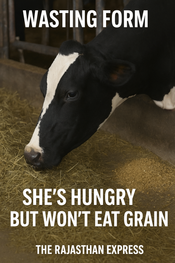 (Cow refusing grain): Cow with wasting-form ketosis showing interest in hay but refusing to eat energy-rich grain from a bucket.