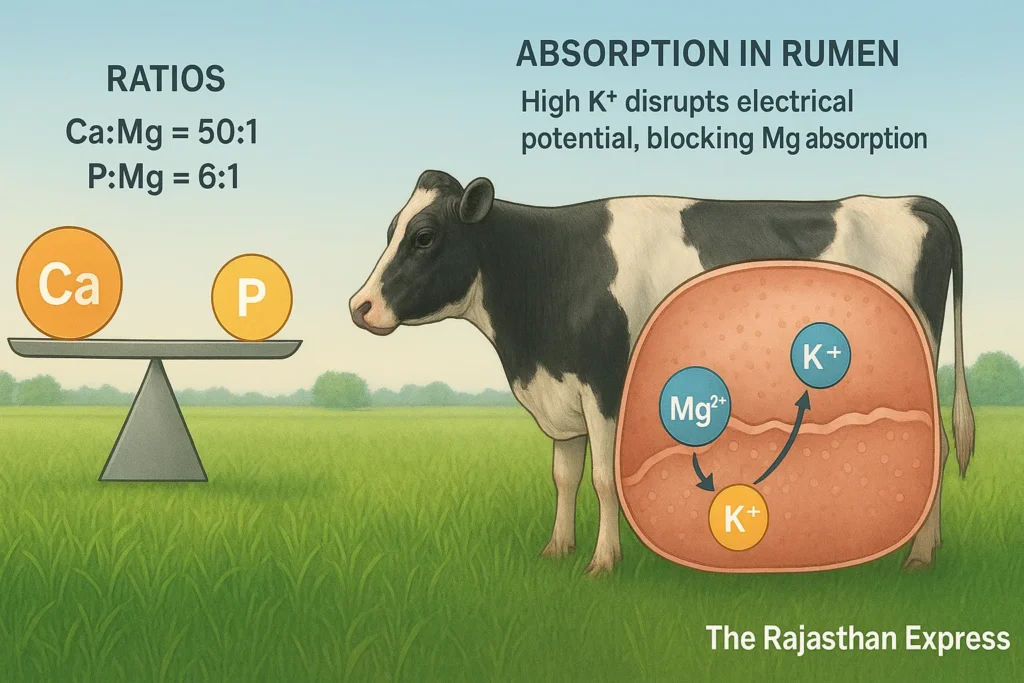 Veterinary infographic diagram showing how high potassium blocks magnesium absorption in a cow's rumen, explaining critical calcium to magnesium and phosphorus to magnesium ratios for cattle health.