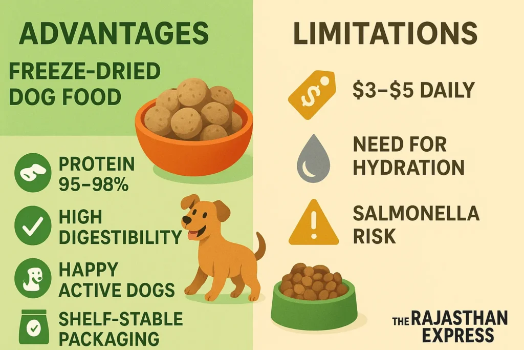 Infographic: Freeze-dried dog food advantages (high nutrient retention, digestibility, shelf life) vs. limitations (cost, dehydration risk, pathogen safety) with 2025 market growth stats.