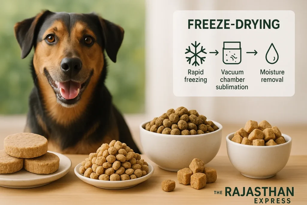 Variety of freeze-dried dog food: raw patties, mixers, coated kibble, and meat treats on display.