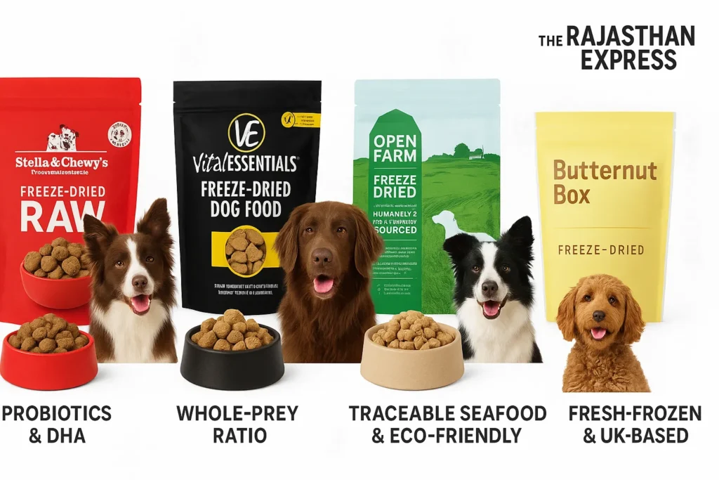 2025 freeze-dried dog food brand comparison table: Stella & Chewy’s, Vital Essentials, Open Farm, Butternut Box with protein % and features.