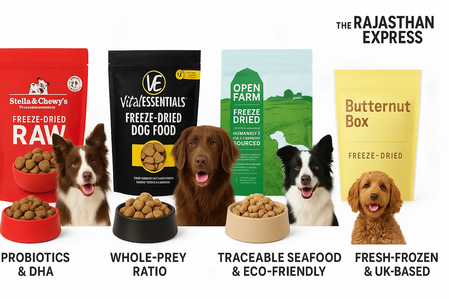 2025 freeze-dried dog food brand comparison table: Stella & Chewy’s, Vital Essentials, Open Farm, Butternut Box with protein % and features.